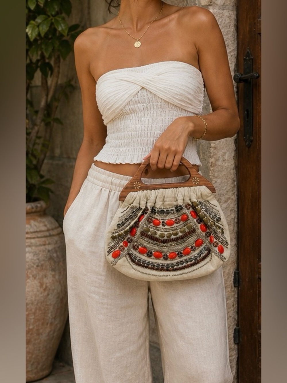 Vintage Beaded Boho Clutch Wood Handle Statement Bag Festival Artisan Purse
